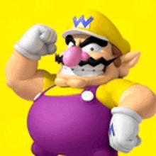 a cartoon character with a yellow hat and purple overalls is flexing his muscles .