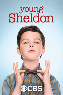 a poster for young sheldon with a young boy wearing a bow tie