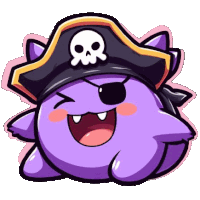 a purple monster is wearing a pirate hat with a skull on it .