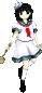 a cartoon girl in a white dress and red tie is holding a sword .