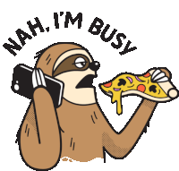 a sloth talking on a cell phone while holding a slice of pizza