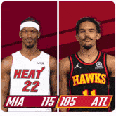 two basketball players wearing heat 22 and hawks 11 jerseys