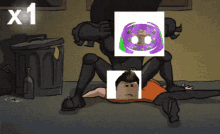 a cartoon shows a man laying on the ground with a purple mask on his head and the number 1 above him