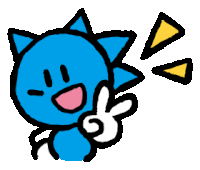 a blue cartoon character giving the peace sign