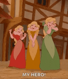 three princesses from beauty and the beast are standing next to each other in front of a wooden building .