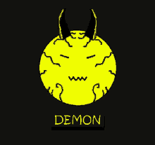 a drawing of a demon with horns and the word demon below it