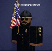 a nsp sergeant is holding an american flag in front of a blue background