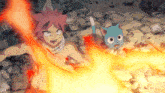 a man and a cat are standing next to each other with fire coming out of their bodies