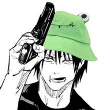 a black and white drawing of a person wearing a green hat with frog ears holding a gun .