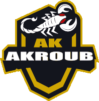 a black and yellow logo with a scorpion and the words akroub