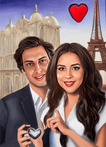 a painting of a man and a woman with the eiffel tower behind them