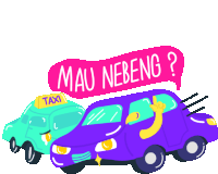 a cartoon illustration of two cars and a speech bubble that says mau nebeng