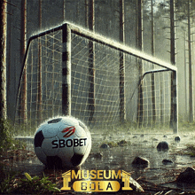 a soccer ball with the word sbobet on it is in front of a goal