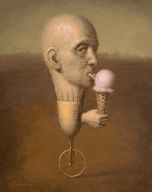 a painting of a man eating an ice cream cone on a bicycle