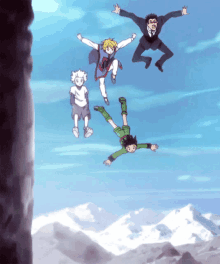 a group of anime characters jumping in the air