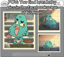 a picture of gumball with the caption " pov you find bros baby pics in the facebook page of his mom "