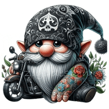 a gnome is sitting on a motorcycle with a tattoo on his arm .