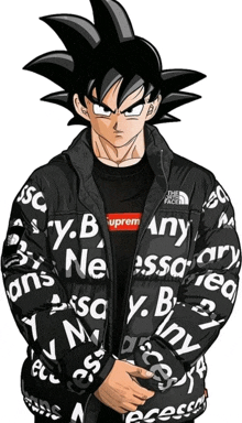 a cartoon character is wearing a black jacket that says supreme on it