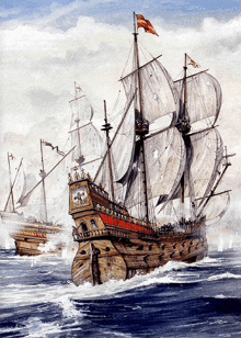 a painting of a pirate ship with a flag on top