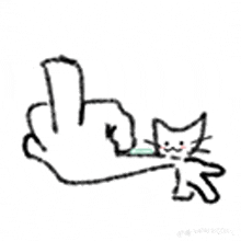 a black and white drawing of a finger pointing at a cat .