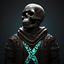 a statue of a skull wearing a hooded jacket with a cross on it