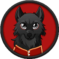 a cartoon drawing of a black wolf with a red jacket on