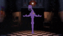 a pixel art of a purple person standing in a dark room .