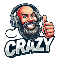 a man with a beard is wearing headphones and giving a thumbs up with the word crazy behind him