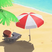 a red and white striped umbrella is on the beach next to a chair