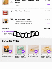 a screenshot of a taco bell app that says ' anay online ' at the top