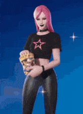 a girl with pink hair is holding a bag of nacho cheese chips