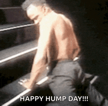 a shirtless man is kneeling down in front of a piano with the words happy hump day written on the bottom .