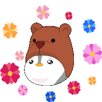 a cartoon of a bear wearing a brown hat with flowers around it