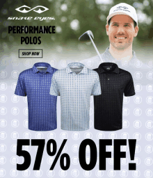 an ad for snake eyes performance polos shows a man holding a golf club