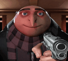 a despicable me character is holding a gun in his hand