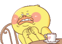 a cartoon of a yellow duck sitting at a table with a cup of coffee