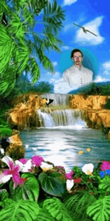 a man is standing in front of a waterfall in the jungle