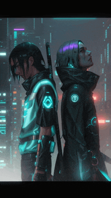 a man and a woman are standing back to back with their backs to each other in a futuristic scene