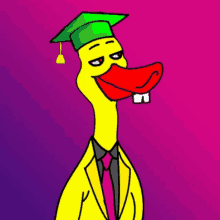 a cartoon duck wearing a green graduation cap and tie