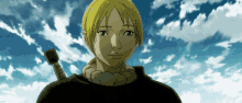 a man with a sword in his hand is smiling in front of a cloudy sky