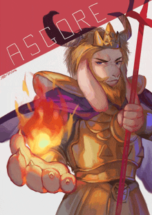 a drawing of a goat with horns and a crown holding a torch with the word asgore above him