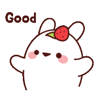 a cartoon bunny with a strawberry on its head and the word good below it