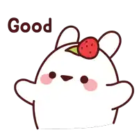 a cartoon bunny with a strawberry on its head and the word good below it