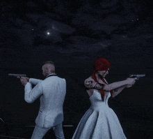 a man and a woman in a wedding dress are holding guns