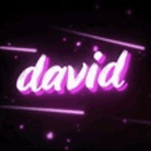 the name david is glowing in purple on a dark background .