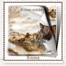 a picture of a cat looking at a house with the words bisous on the bottom