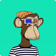 a cartoon of a monkey wearing 3d glasses and a striped shirt