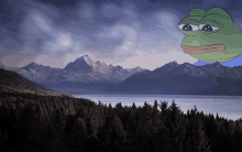 a frog with a sad face is standing in front of a mountain range