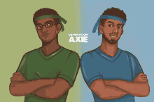 two men are standing next to each other with the words generation axie behind them