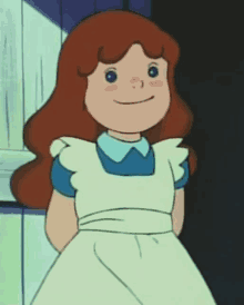 a cartoon girl with red hair is wearing a white dress and a blue shirt .